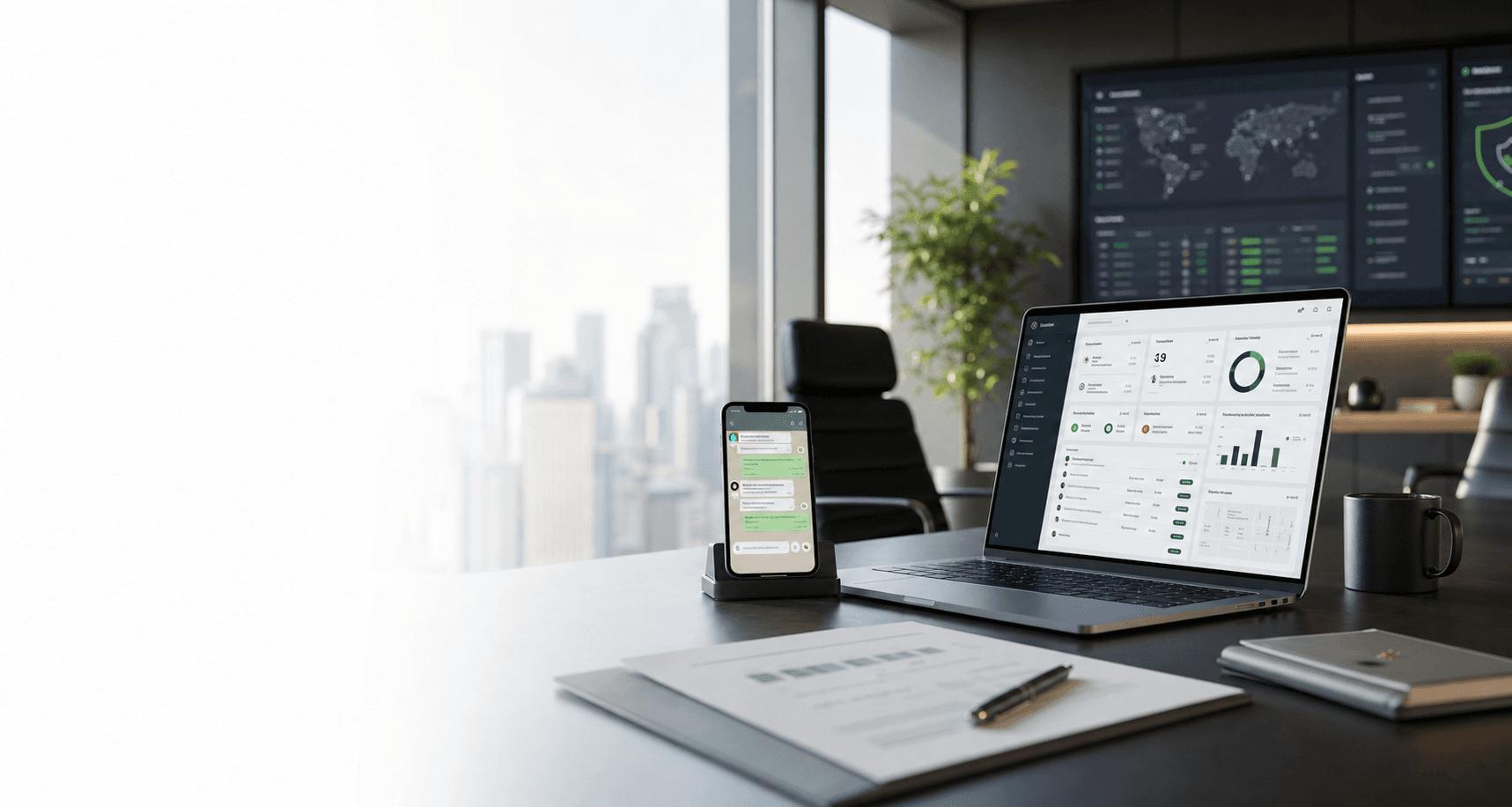 Enterprise work devices showing admin controls and assistant workflows.
